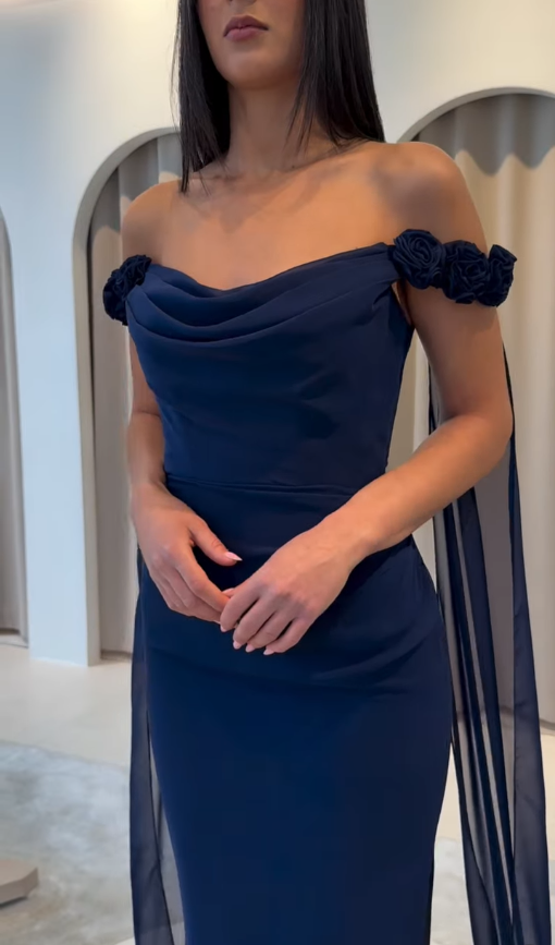Baby Blue Sheath Off the Shoulder Floral Chiffon Satin Prom Dress SH5546