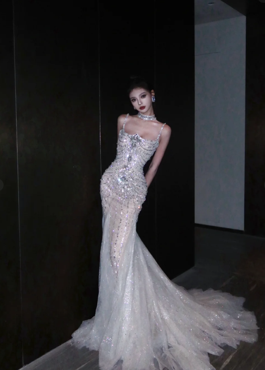 Rhinestone Exquisite Mermaid Spaghetti Strap Beaded Tulle Prom Dress Wedding Dress with Bow SH3639