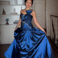Vintage Royal Blue A Line Spaghetti Straps Bow Beaded Satin Prom Dress Graduation Prom Dress SH5189