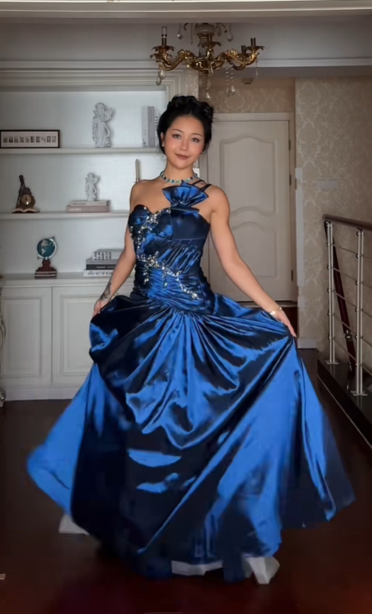 Vintage Royal Blue A Line Spaghetti Straps Bow Beaded Satin Prom Dress Graduation Prom Dress SH5189