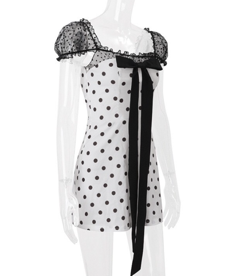 Cute Polka Dot A Line Puff Satin Mini Homecoming Dress Cocktail Dress with Bow SH3875