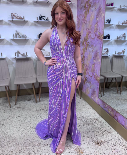Shiny Purple Sequin Sheath Halter Slit Prom Dress Party Evening Dress SH7241