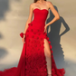 Charming Pink Strapless High Slit Flower Prom Dress SH717