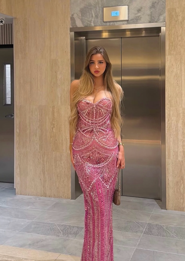 Dazzling Sheath Sweetheart Neck Pink Beaded Tulle Prom Dress Evening Dress SH6273