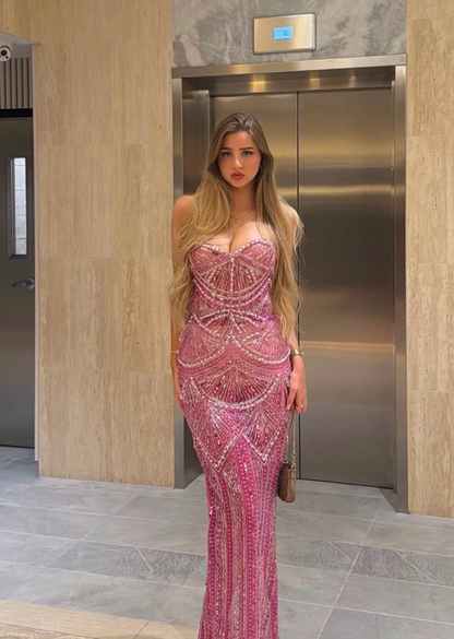 Dazzling Sheath Sweetheart Neck Pink Beaded Tulle Prom Dress Evening Dress SH6273