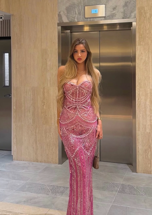 Dazzling Sheath Sweetheart Neck Pink Beaded Tulle Prom Dress Evening Dress SH6273