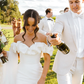 Simple Mermaid Off the Shoulder White Satin Long Sweep Wedding Dress SH2090