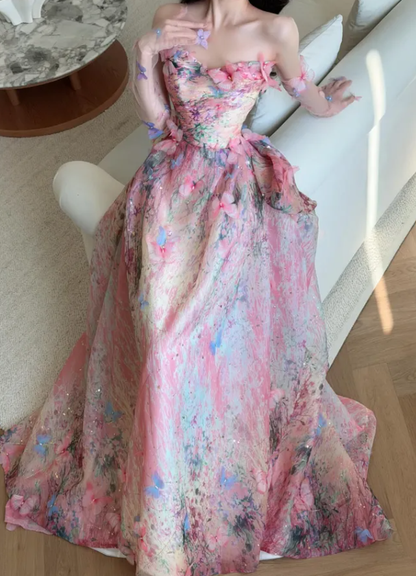 Sweety Pink Ball Gown Print Floral Chiffon Prom Dress Quinceanera Dress SH7168