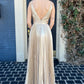 Gold A Line V Neck Satin Backless Long Prom Dress Evening Dress SH1643