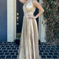 Gold A Line V Neck Satin Backless Long Prom Dress Evening Dress SH1643