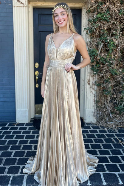 Gold A Line V Neck Satin Backless Long Prom Dress Evening Dress SH1643