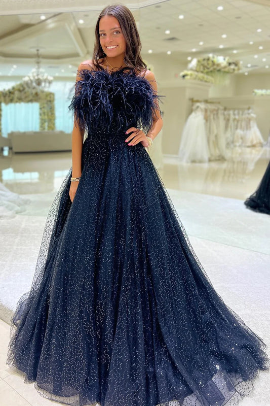 Navy Blue A Line Strapless Sequin Tulle Long Prom Dress with Feathers SH1743