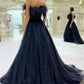 Navy Blue A Line Strapless Sequin Tulle Long Prom Dress with Feathers SH1743