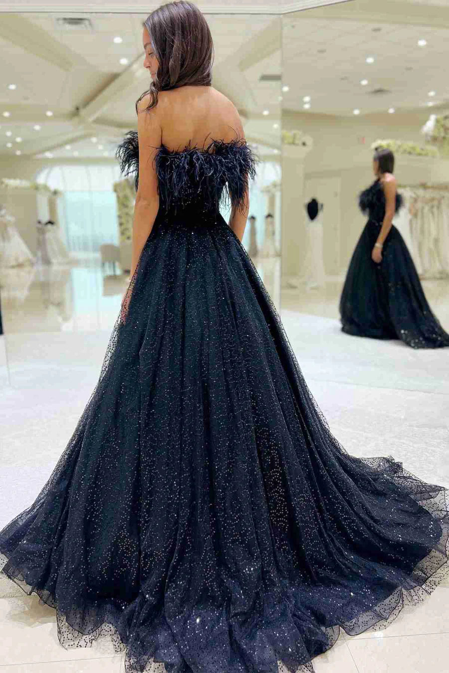 Navy Blue A Line Strapless Sequin Tulle Long Prom Dress with Feathers SH1743