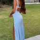 Blue Sheath Corset Satin Long Prom Dress Evening Dress with Slit SH1676