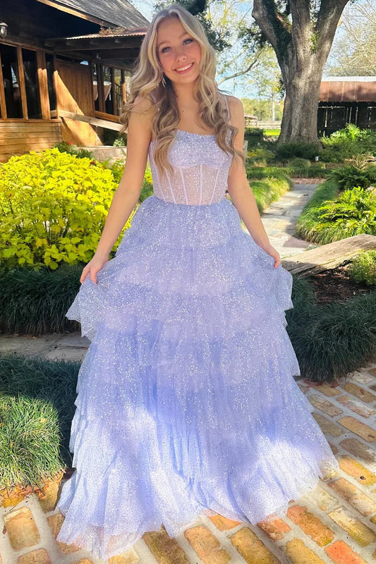 Lavender Tulle Sequin Ruffle Tiered Long Prom Dress Evening Dress SH1727