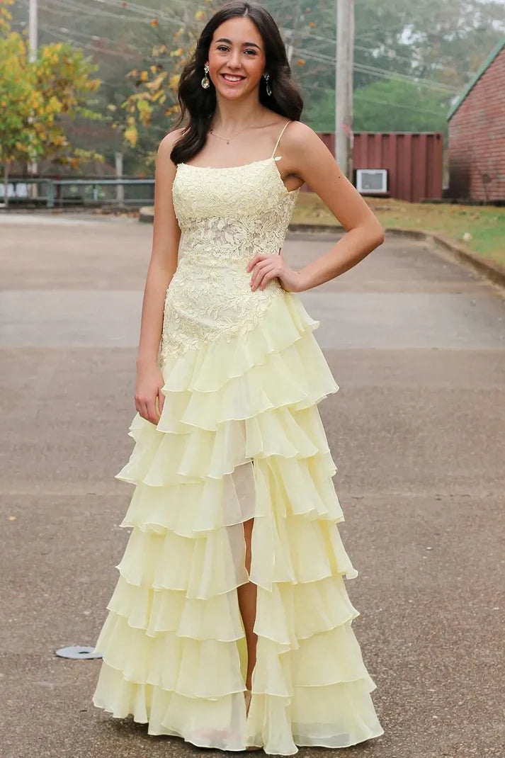 Yellow Spaghetti Straps Lace Scoop A-Line Layered Chiffon Prom Dress SH8205