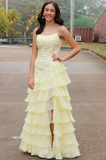Yellow Spaghetti Straps Lace Scoop A-Line Layered Chiffon Prom Dress SH8205