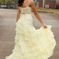 Yellow Spaghetti Straps Lace Scoop A-Line Layered Chiffon Prom Dress SH8205
