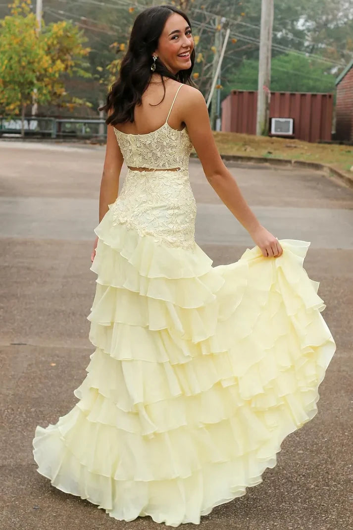 Yellow Spaghetti Straps Lace Scoop A-Line Layered Chiffon Prom Dress SH8205