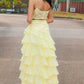Yellow Spaghetti Straps Lace Scoop A-Line Layered Chiffon Prom Dress SH8205