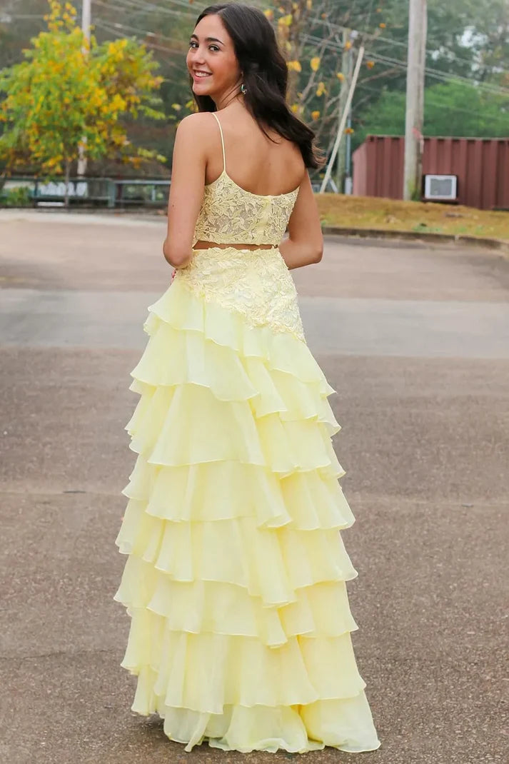 Yellow Spaghetti Straps Lace Scoop A-Line Layered Chiffon Prom Dress SH8205