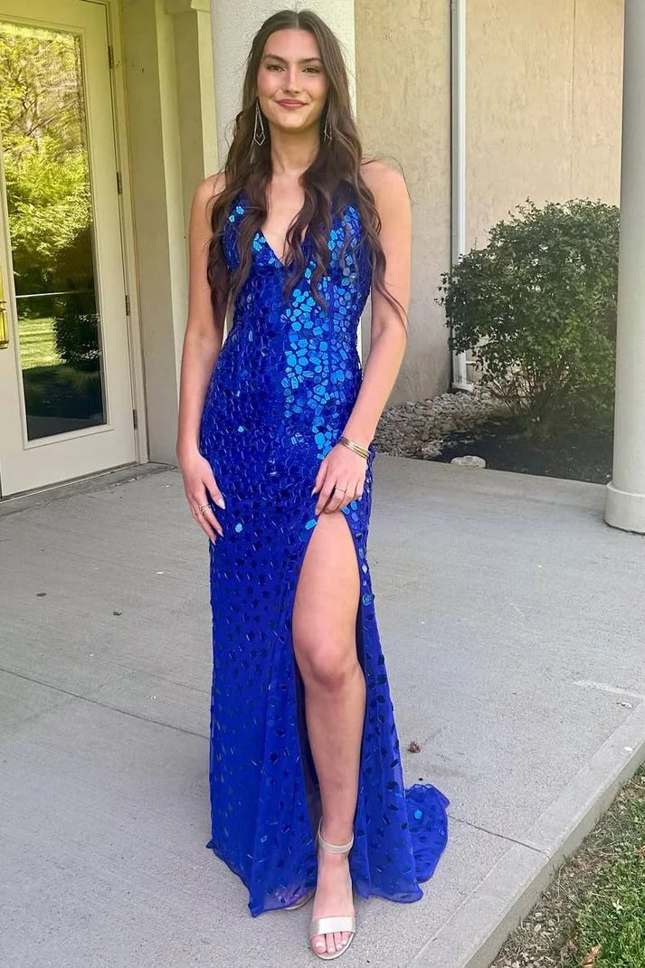 Mirror-Cut Sequins Spaghetti Straps V Neck Mermaid Prom Dress SH8212