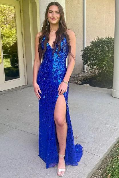 Mirror-Cut Sequins Spaghetti Straps V Neck Mermaid Prom Dress SH8212