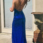 Mirror-Cut Sequins Spaghetti Straps V Neck Mermaid Prom Dress SH8212