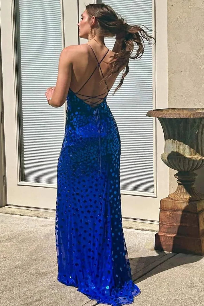 Mirror-Cut Sequins Spaghetti Straps V Neck Mermaid Prom Dress SH8212