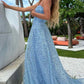 A-Line Strapless Sweetheart Blue Sequins Long Prom Dress SH8204