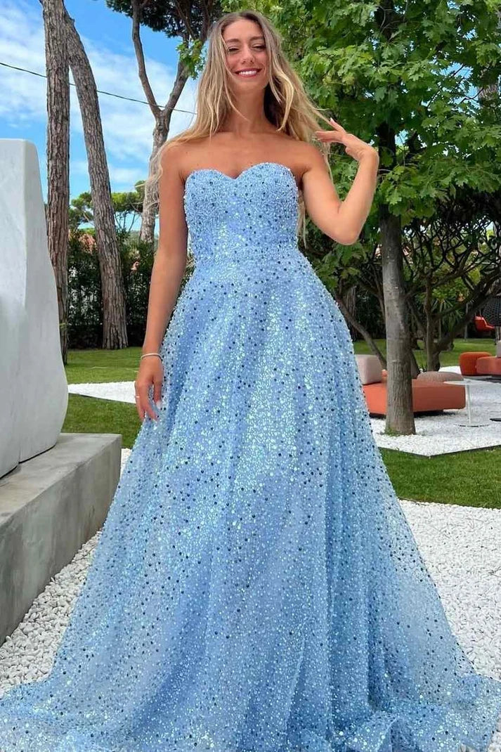 A-Line Strapless Sweetheart Blue Sequins Long Prom Dress SH8204