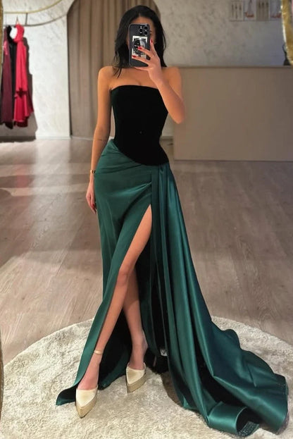 Green Mermaid Strapless Satin Slit Formal Prom Dress SH8206