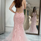 Pink Mermaid Spaghetti Straps Lace Appliques V-Neck Long Prom Dress SH8207