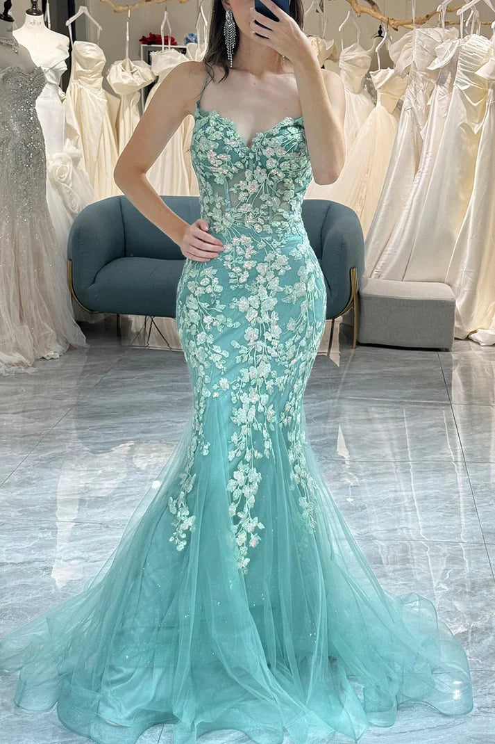 Mermaid Spaghetti Straps Lace Appliques V-Neck Long Prom Dress SH8208