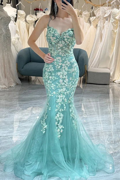 Mermaid Spaghetti Straps Lace Appliques V-Neck Long Prom Dress SH8208