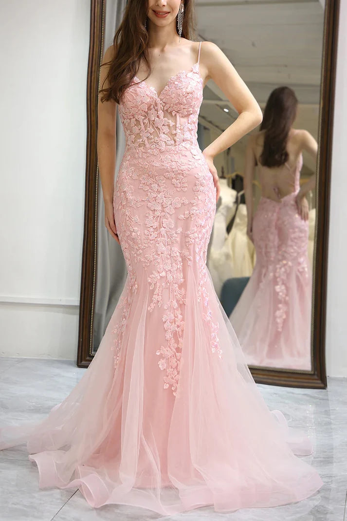 Pink Mermaid Spaghetti Straps Lace Appliques V-Neck Long Prom Dress SH8207