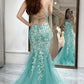 Mermaid Spaghetti Straps Lace Appliques V-Neck Long Prom Dress SH8208