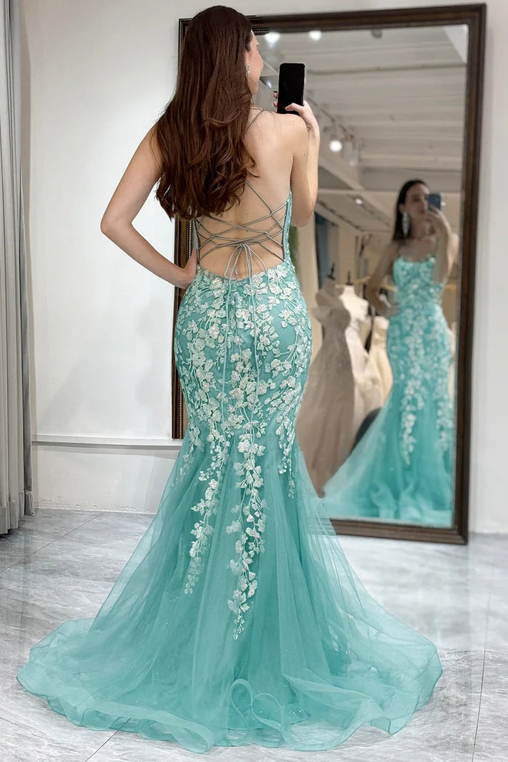 Mermaid Spaghetti Straps Lace Appliques V-Neck Long Prom Dress SH8208