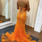 Orange Mermaid Spaghetti Straps Lace Appliques V-Neck Long Prom Dress SH8209