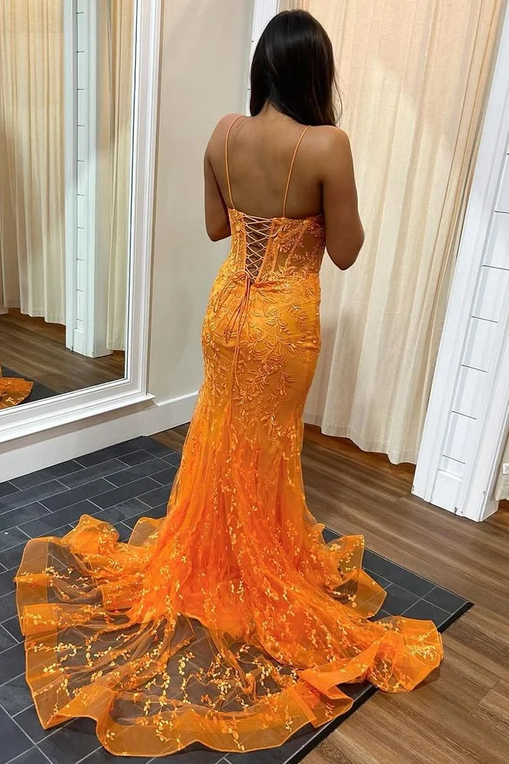 Orange Mermaid Spaghetti Straps Lace Appliques V-Neck Long Prom Dress SH8209