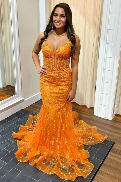 Orange Mermaid Spaghetti Straps Lace Appliques V-Neck Long Prom Dress SH8209