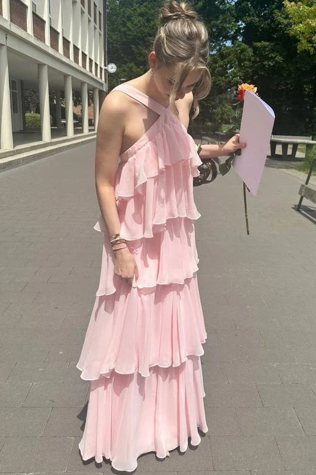 A-Line Pink Chiffon Tiered Sleeveless Backless Long Formal Prom Dress SH8182