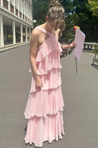 A-Line Pink Chiffon Tiered Sleeveless Backless Long Formal Prom Dress SH8182