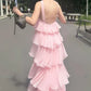 A-Line Pink Chiffon Tiered Sleeveless Backless Long Formal Prom Dress SH8182