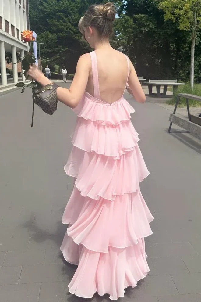 A-Line Pink Chiffon Tiered Sleeveless Backless Long Formal Prom Dress SH8182