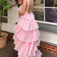 A-Line Pink Chiffon Tiered Sleeveless Backless Long Formal Prom Dress SH8182