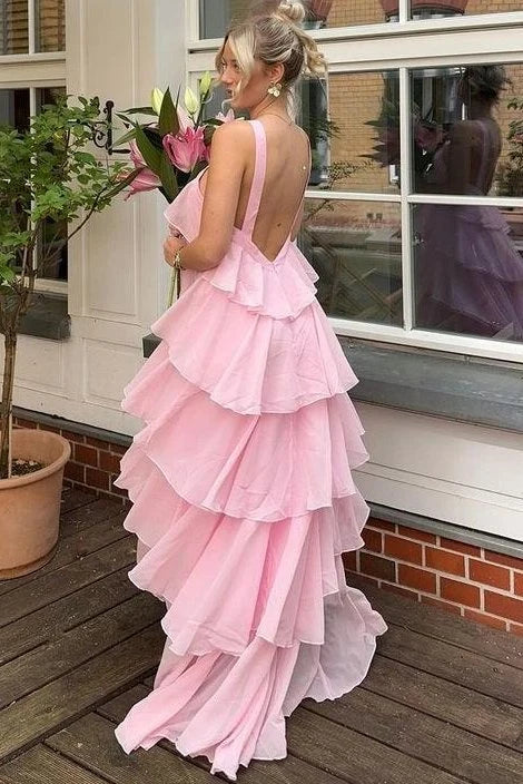 A-Line Pink Chiffon Tiered Sleeveless Backless Long Formal Prom Dress SH8182