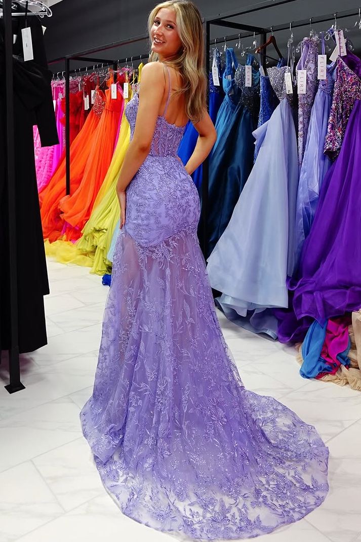Purple Spaghetti Straps Sweetheart Lace Mermaid Prom Dress SH8214