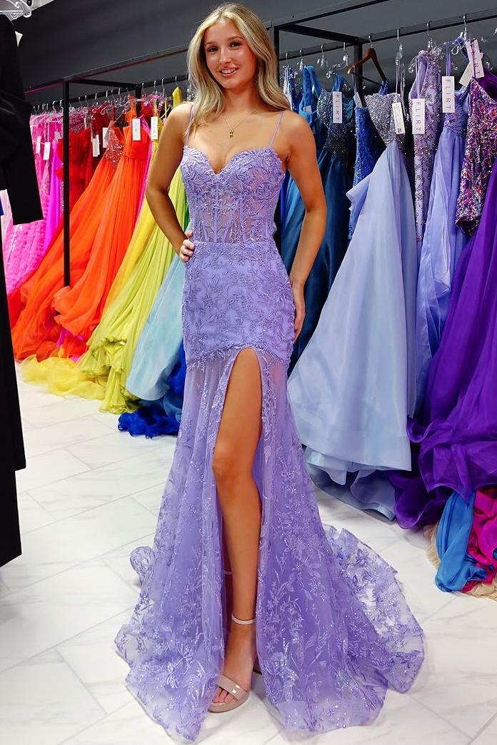 Purple Spaghetti Straps Sweetheart Lace Mermaid Prom Dress SH8214